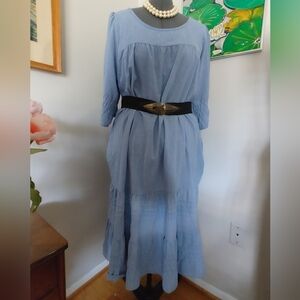 VTG Blue Chambray Women's Dress Ruffled Tiered Swing (388)
